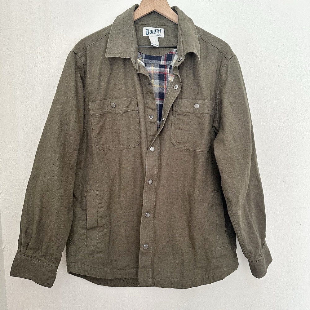 Duluth Trading Co Fire Hose Shirt Jacket Mens large Olive Green Flannel Lined - Picture 2 of 13